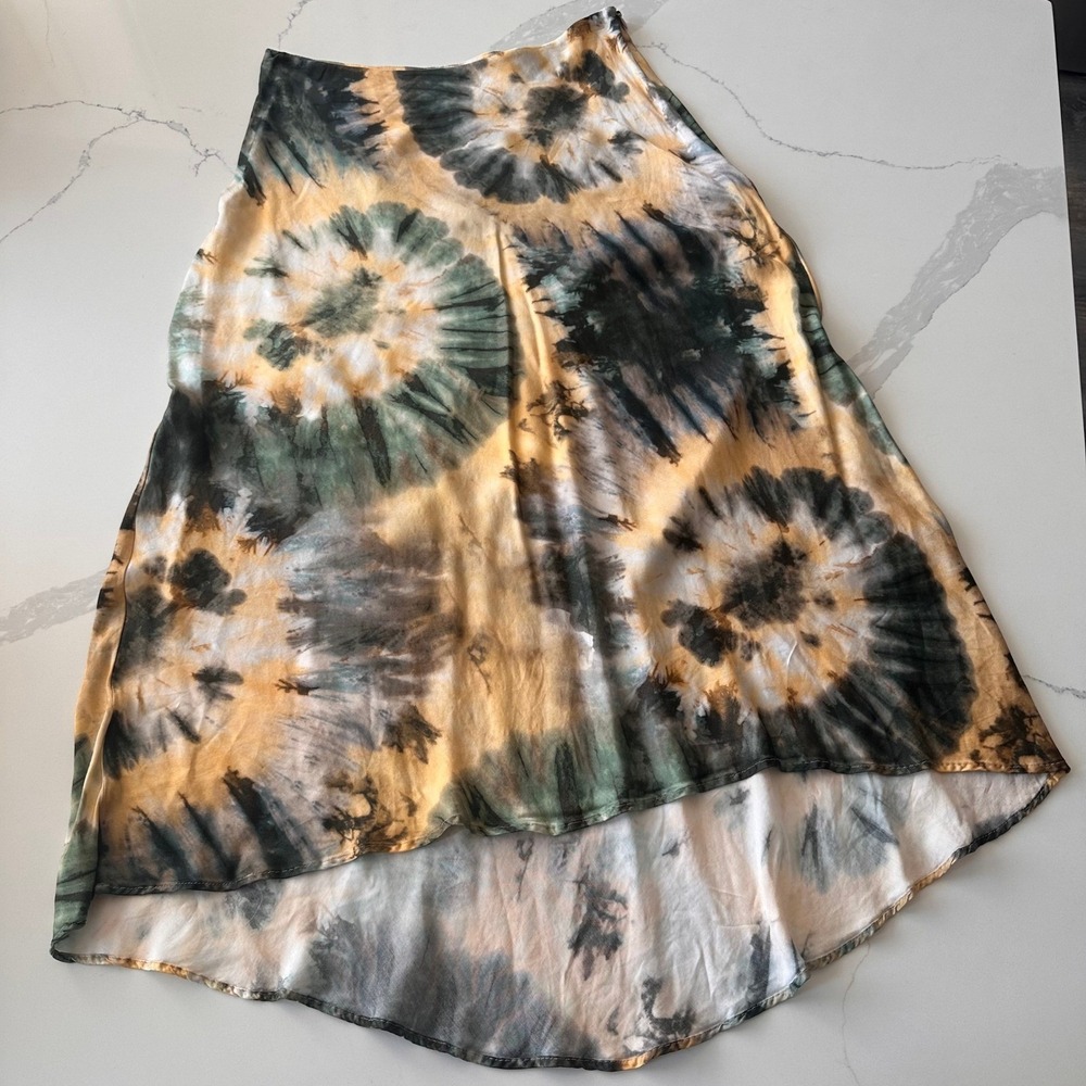 Zara Tie Dye Satin Midi Skirt Mustard Yellow Green Earth Tones Boho